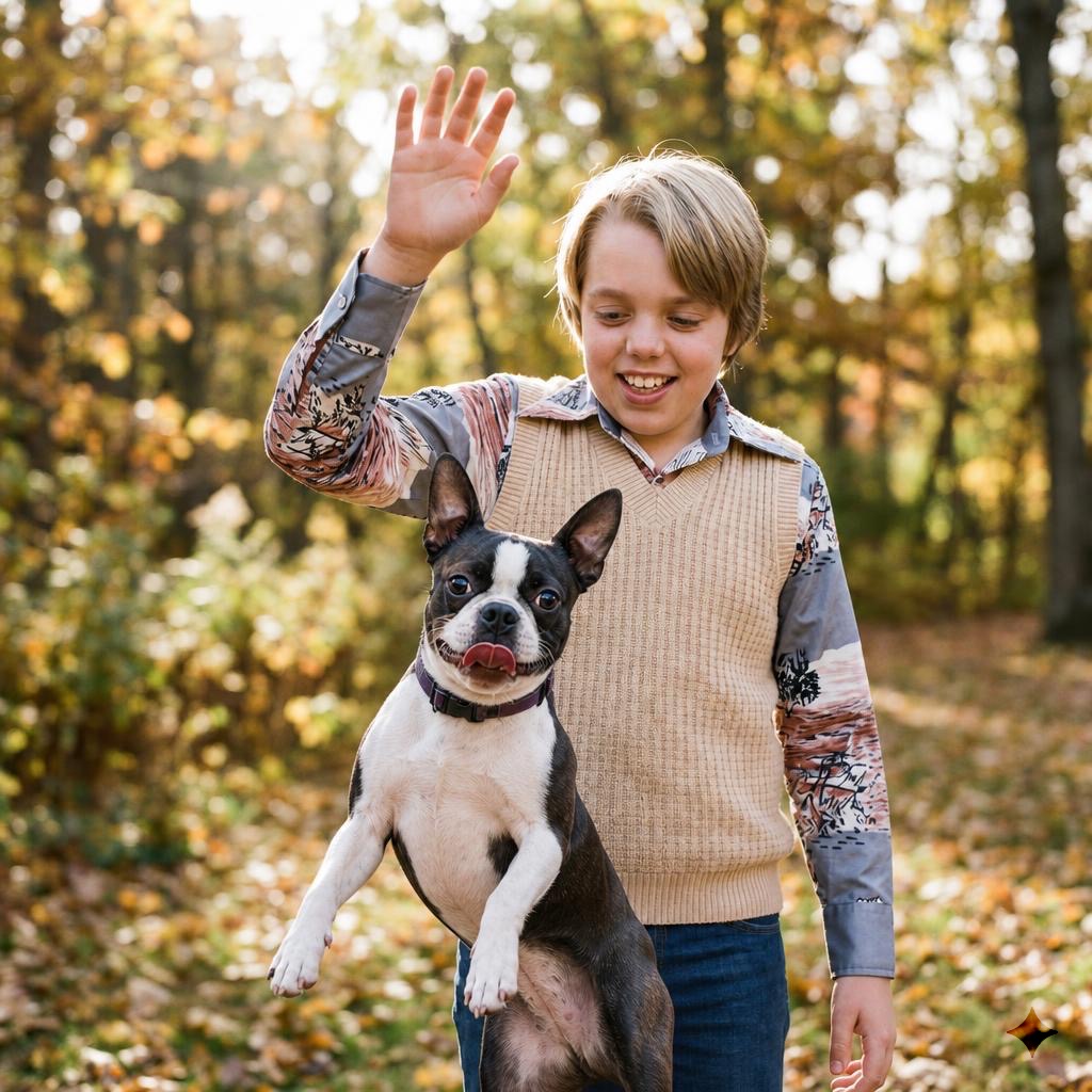 Stephen at age 7 training his Boston Terrier